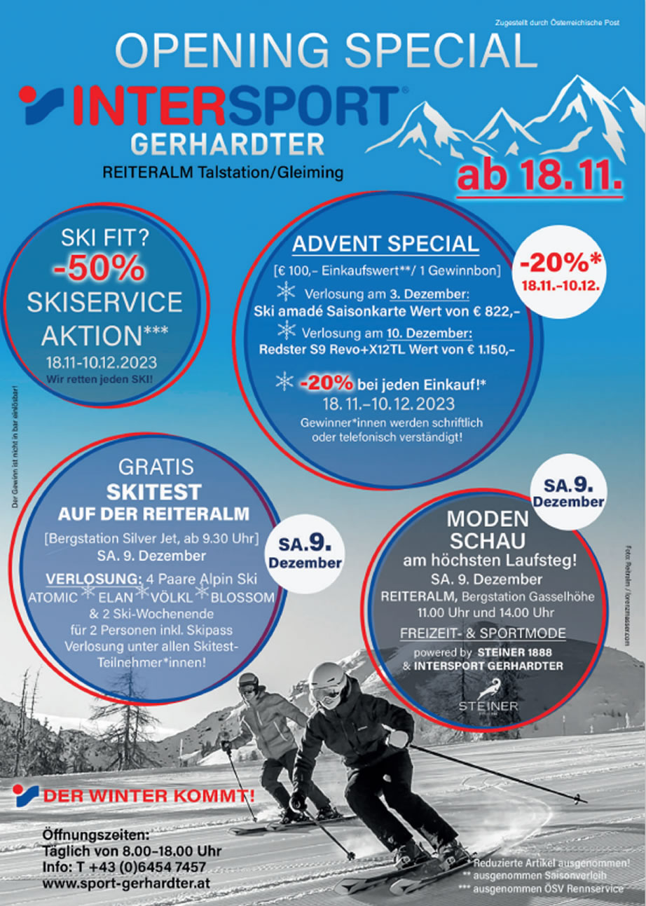Flyer zur Eröffnung der Wintersaison 2023/2024 bei Intersport Gerhardter Reiteralm